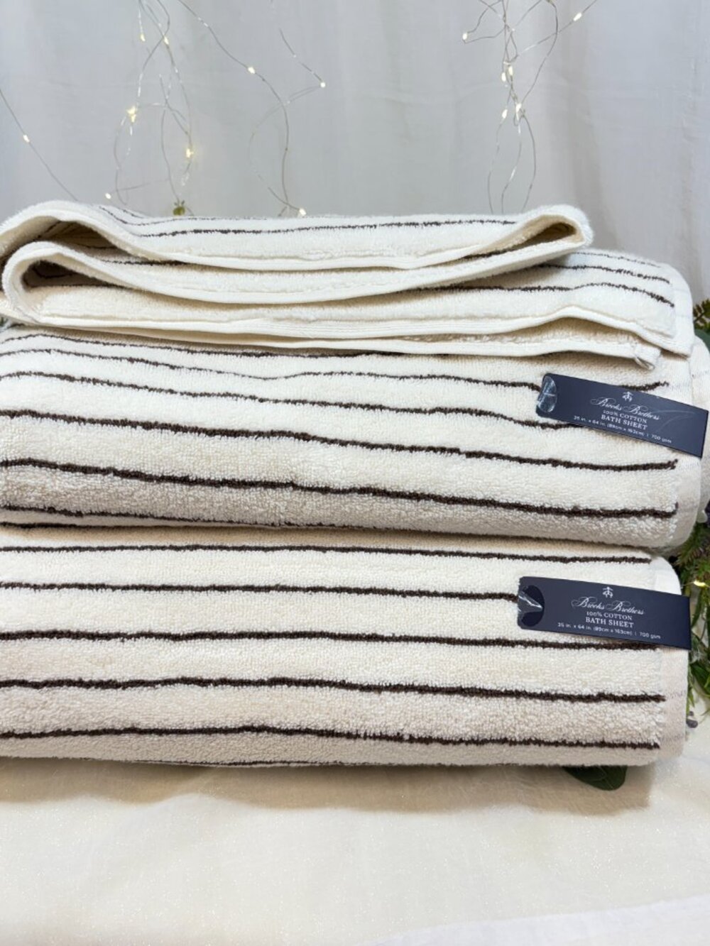 2 BROOKS BROTHERS Premium Turkish Bath Sheet Striped Ivory & Dark Brown 700 Gsm